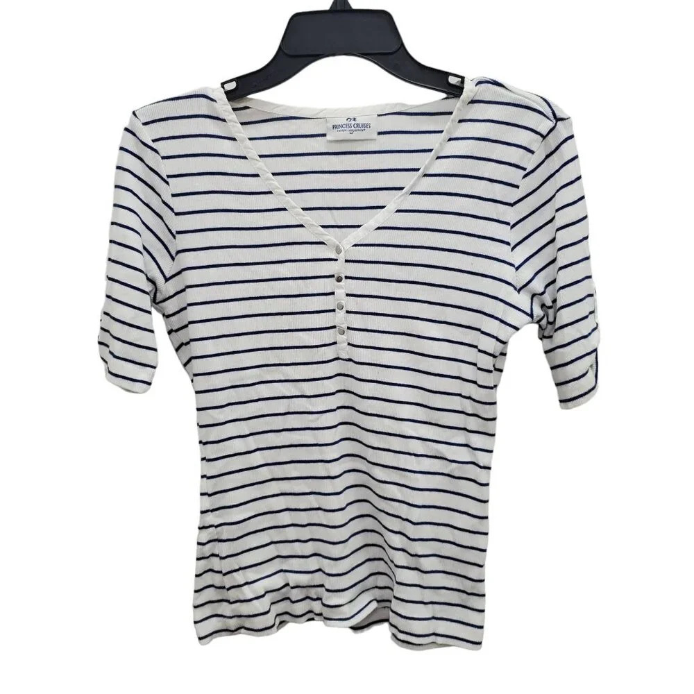 Princess Cruises Women's White Navy Stripe Ribbed Roll‎ Sleeve Knit Henley Top M